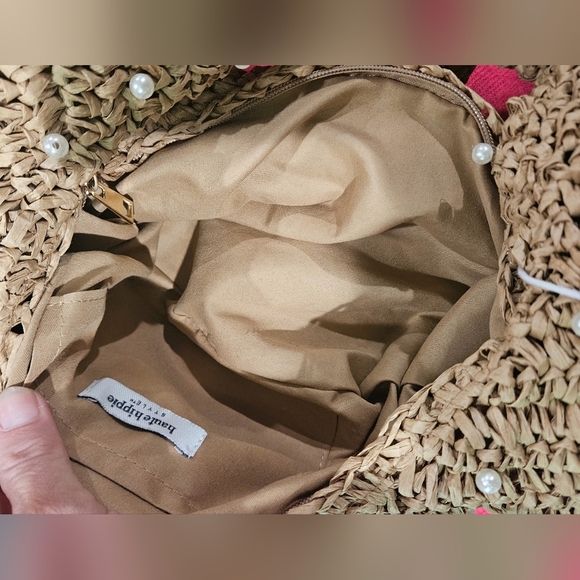 HAUTE HIPPIE Woven Straw Slouchy Shoulder Bag With Pearl Accents. Tan. NWT - Picture 4 of 13